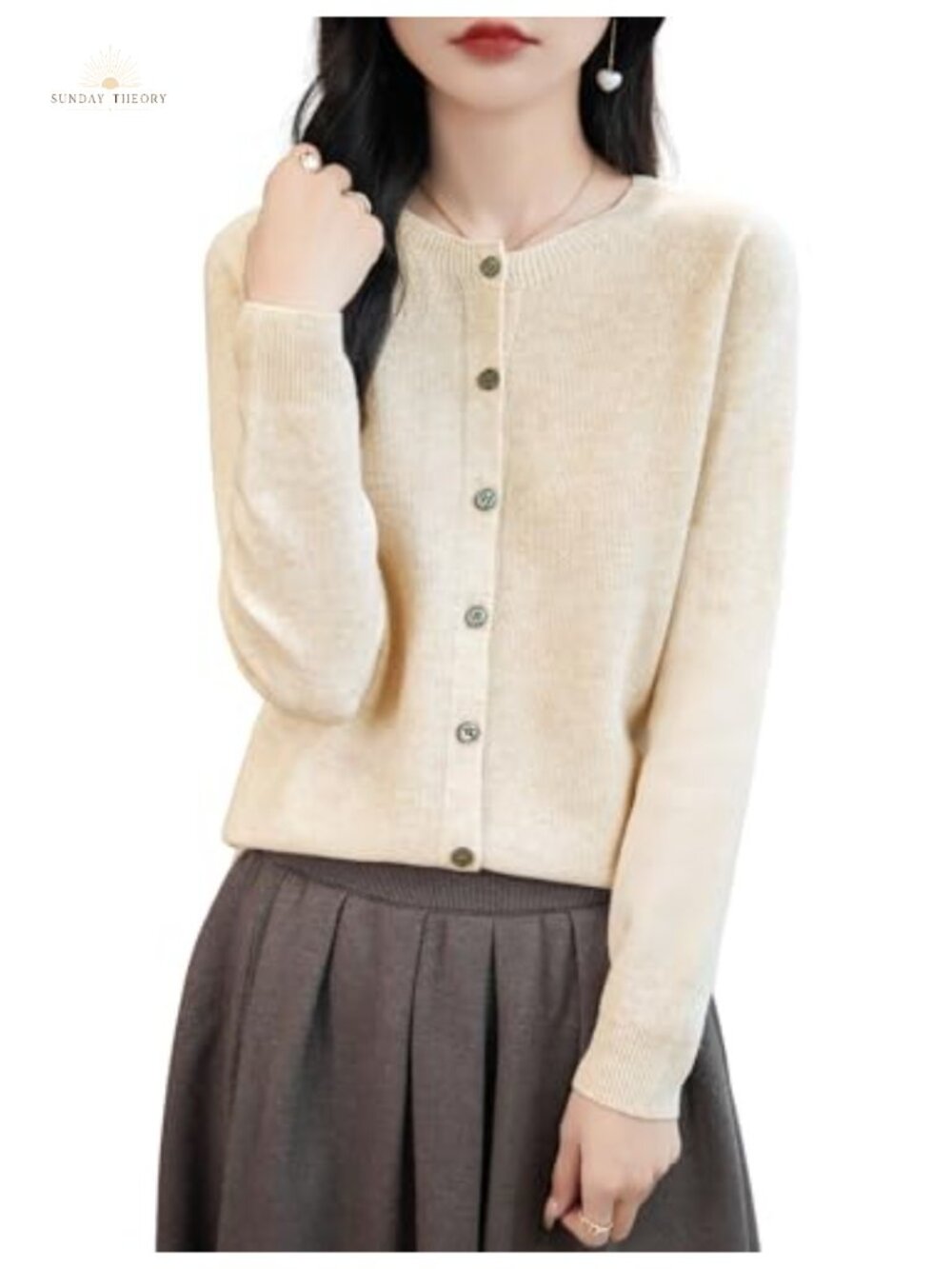 100% Merino Wool Seamless Crewneck Cardigan Sweater Button Long Sleeve